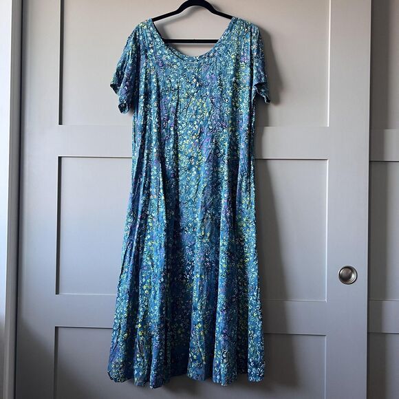 Eagle Ray Traders Dress Womens Large Blue Rayon Boho Batik Maxi Pockets Tie Back - Picture 1 of 14